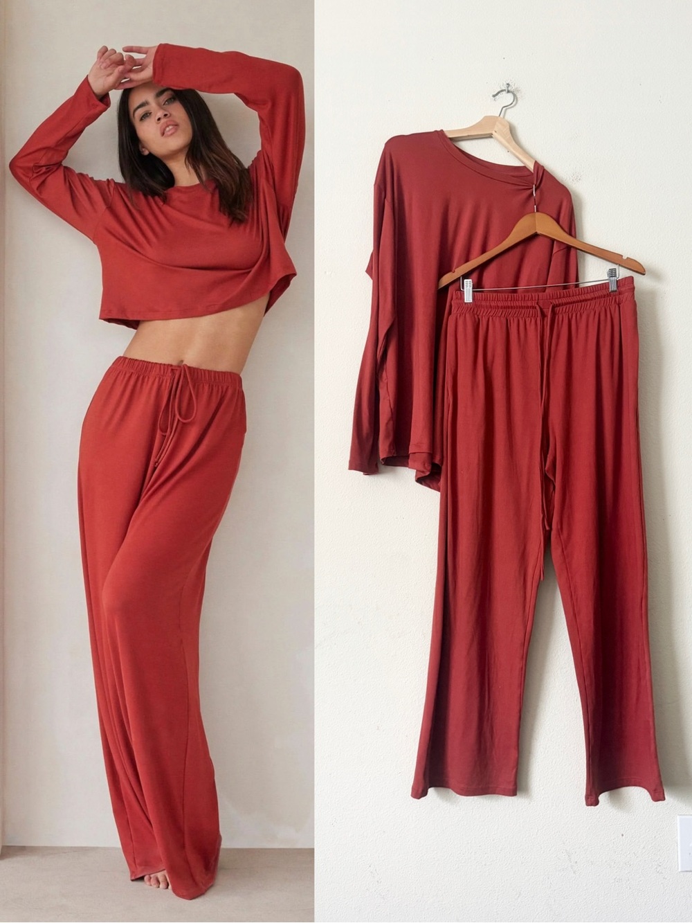 Women’s Cozy Two-Piece Pajama Set - Rust Red